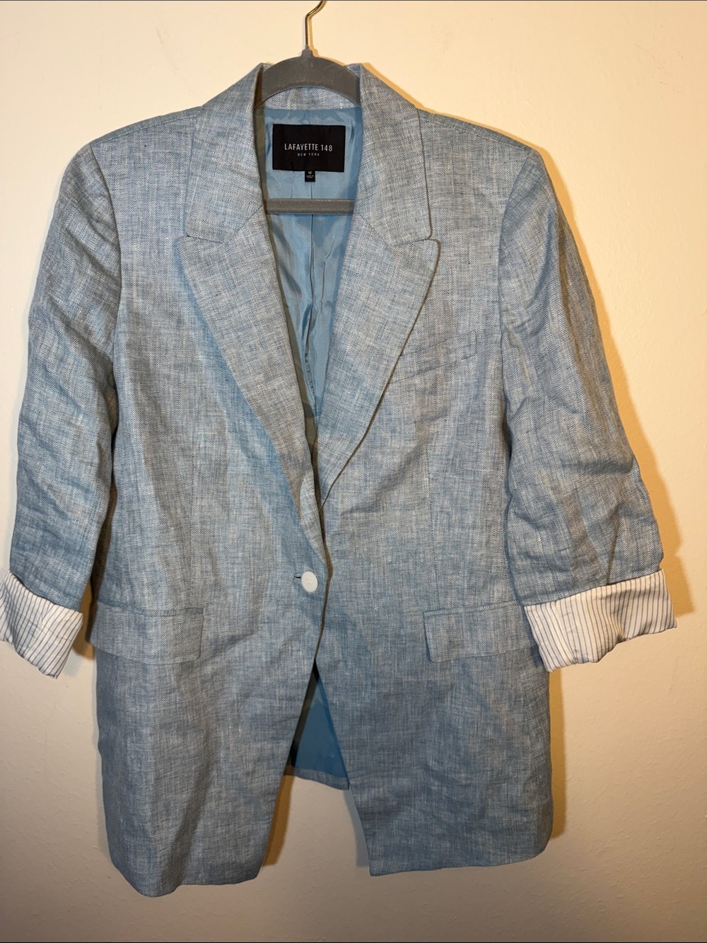 Lafayette 148 New York Light Blue Herringbone Linen Single-Button Blazer 12